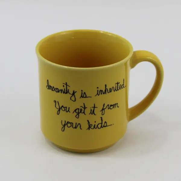 VTG Recycled Paper Products Yellow Mug Insanity Is Inherited From Your Kids