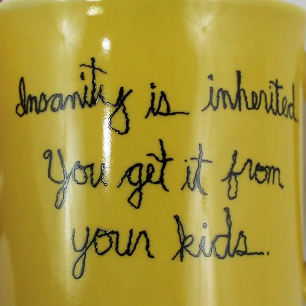 VTG Recycled Paper Products Yellow Mug Insanity Is Inherited From Your Kids