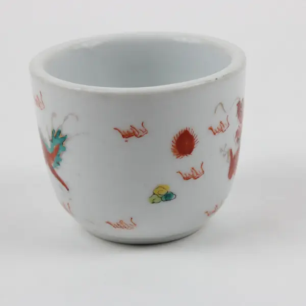 Chinese Porcelain Handleless Cup Red Green Dragon Made in China Collectible