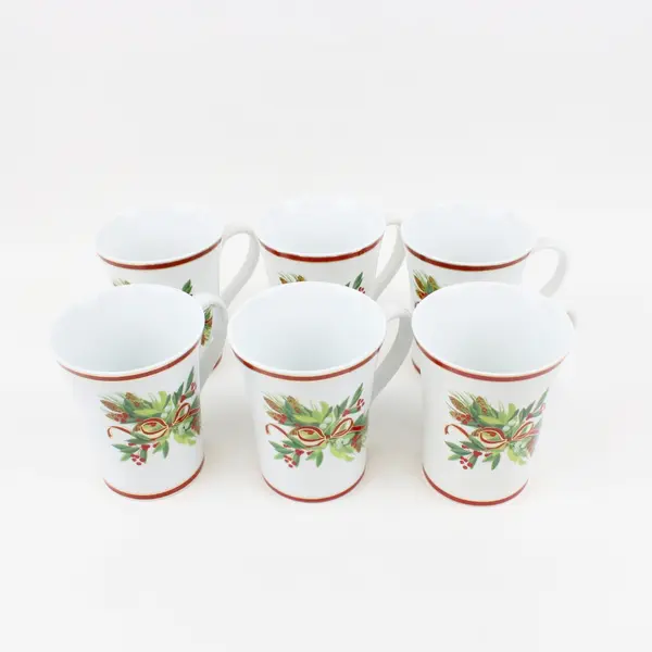 Lot of 6 Harry & David 2004 Porcelain Christmas Mugs Holly Ribbon Design