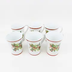 Lot of 6 Harry & David 2004 Porcelain Christmas Mugs Holly Ribbon Design