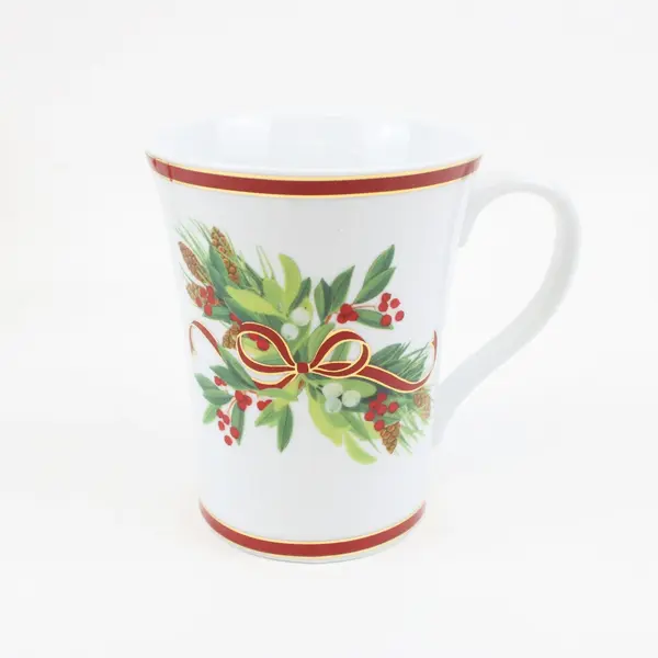Lot of 6 Harry & David 2004 Porcelain Christmas Mugs Holly Ribbon Design