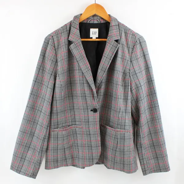 GAP Women's Black White Red Houndstooth Plaid Blazer Size 14 Boxy Fit