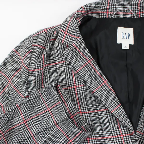 GAP Women's Black White Red Houndstooth Plaid Blazer Size 14 Boxy Fit
