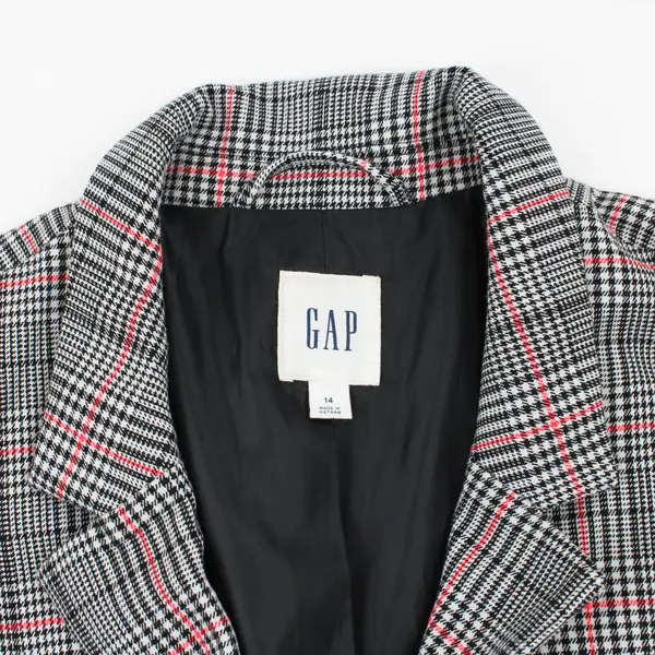 GAP Women's Black White Red Houndstooth Plaid Blazer Size 14 Boxy Fit
