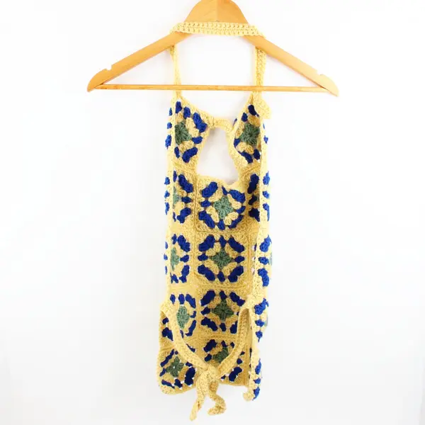 Handmade Crocheted Granny Square Kids Apron Yellow Blue Green
