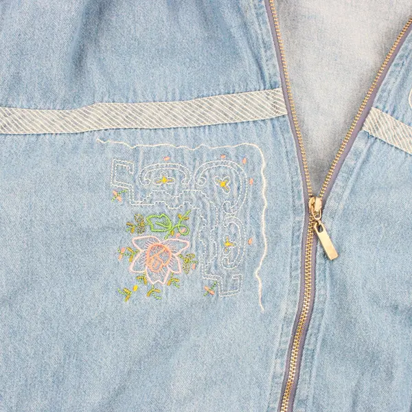 Vintage Teddi Women's Large Denim Zip-Up Jacket Floral Embroidery
