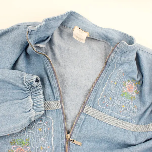 Vintage Teddi Women's Large Denim Zip-Up Jacket Floral Embroidery