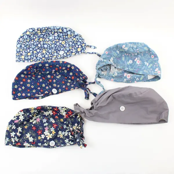 Lot of 5 Handmade Adjustable One Size Scrub Caps, 4 Floral, 1 Gray