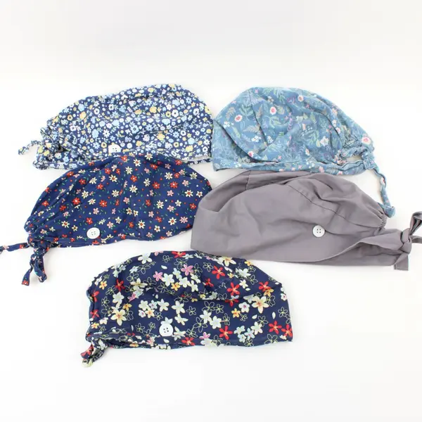 Lot of 5 Handmade Adjustable One Size Scrub Caps, 4 Floral, 1 Gray