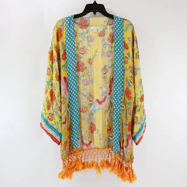 Sundance Willow Song Women's Small Yellow Floral Kimono Cardigan Fringe