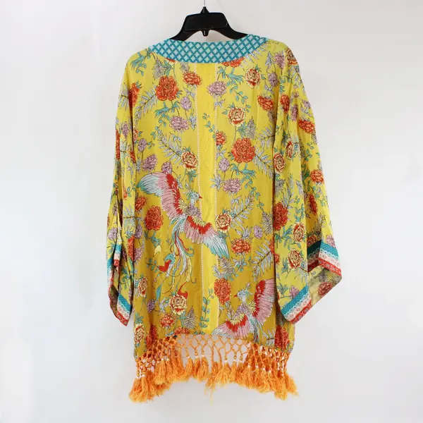 Sundance Willow Song Women's Small Yellow Floral Kimono Cardigan Fringe