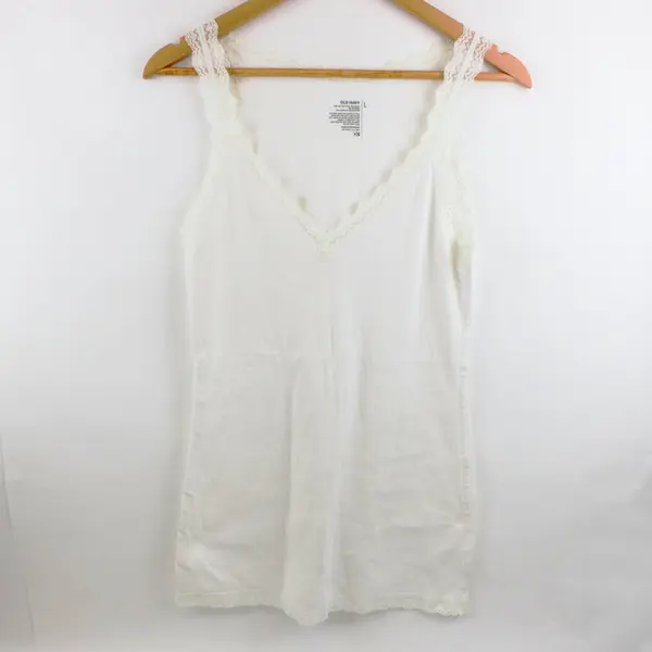 Old Navy Womens L White Ribbed Lace Cami Tank 55% Cotton 37% Poly 8% Spandex