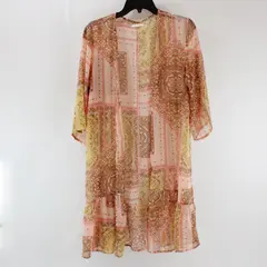 Maurices Women's M Pink Yellow Floral Sheer Open Front Elbow Sleeve Cardigan