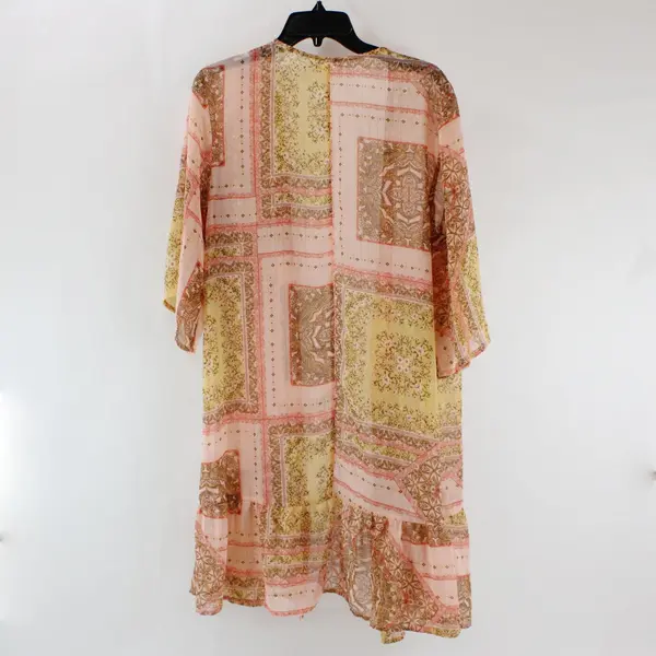 Maurices Women's M Pink Yellow Floral Sheer Open Front Elbow Sleeve Cardigan