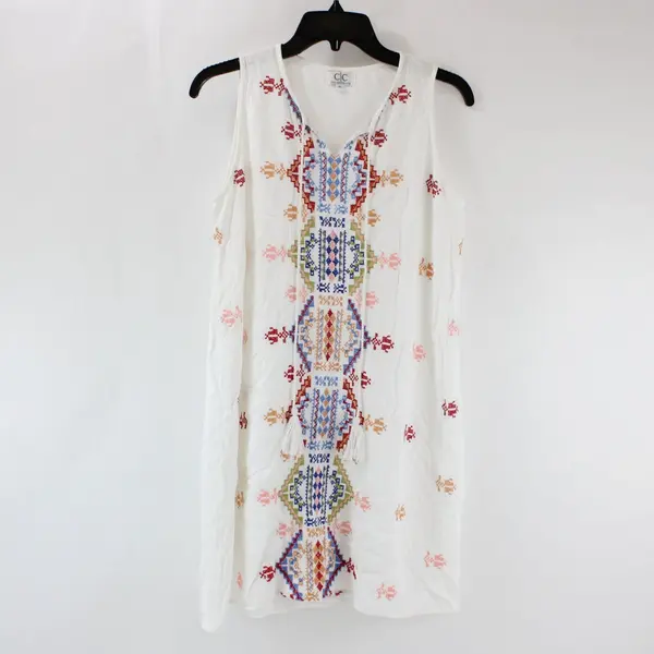 Chic Connection Women's S White Multicolor Embroidered Boho Cotton Rayon Dress