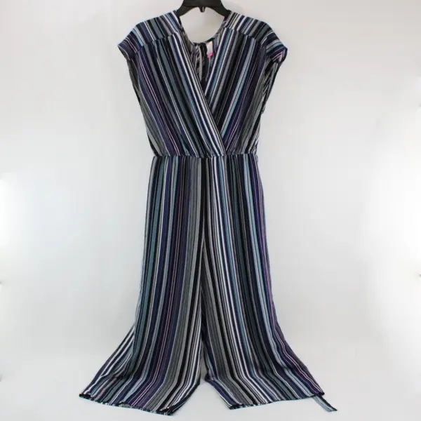 No Boundaries Women's XL(15-17) Striped V-Neck Short Sleeve Jumpsuit Multicolor