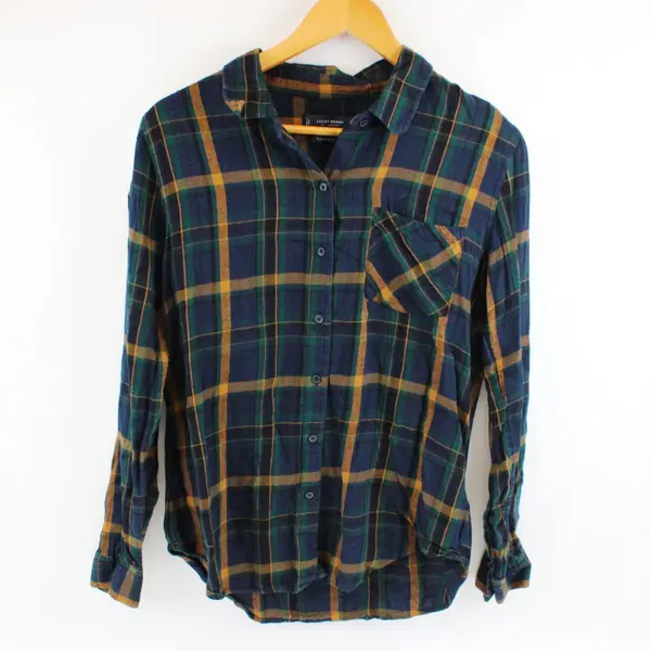 Lucky Brand Women's Plaid Button-Up Shirt Blue Green Yellow Small