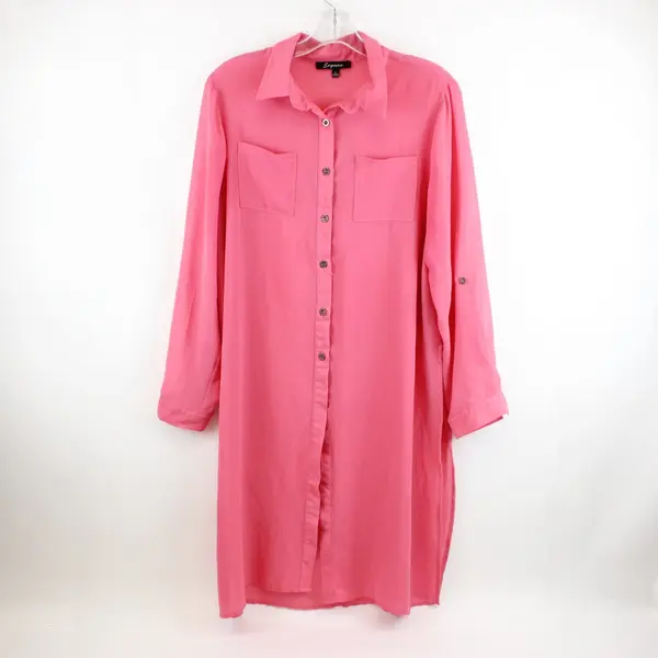 Emperice Sheer Pink Button-Front Long Sleeve Knee-Length Dress Women's Large