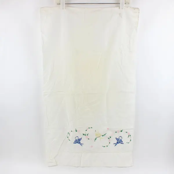Vintage Hand-Embroidered White Pillowcase Floral Bird Motif