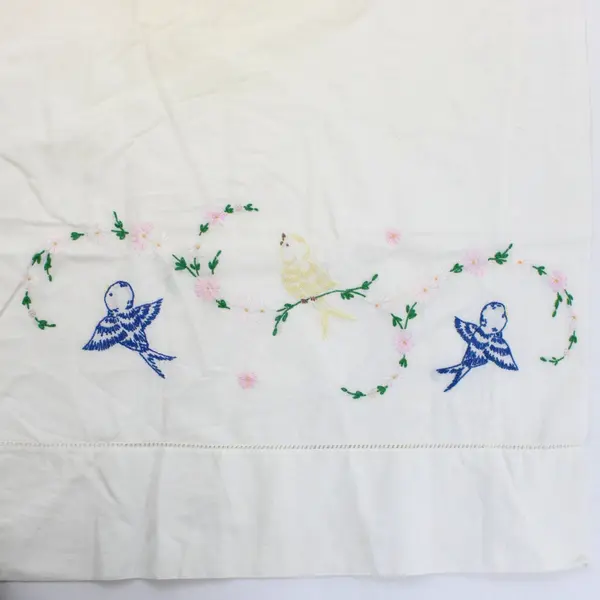 Vintage Hand-Embroidered White Pillowcase Floral Bird Motif