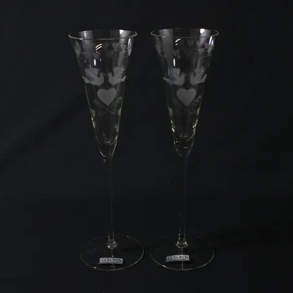 2 COLONY Handmade Lovebird Long Stemmed Crystal Champagne Flutes  11.5" NWT