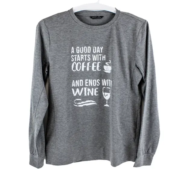 Lilicloth Women's XXL Gray Long Sleeve Coffee & Wine Humor T-Shirt