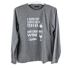 Lilicloth Women's XXL Gray Long Sleeve Coffee & Wine Humor T-Shirt