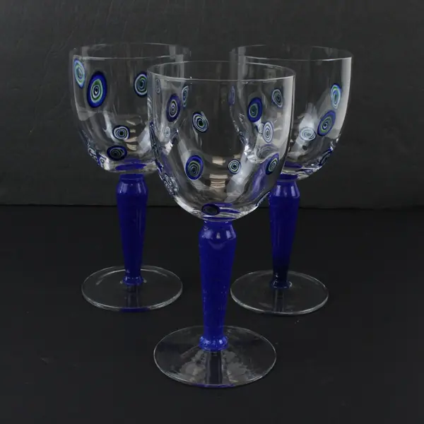 3 Vintage Millefiori Handblown Wine Glasses Cobalt Blue Stems