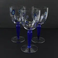 3 Vintage Millefiori Handblown Wine Glasses Cobalt Blue Stems