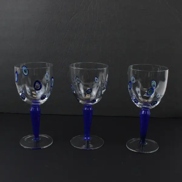 3 Vintage Millefiori Handblown Wine Glasses Cobalt Blue Stems