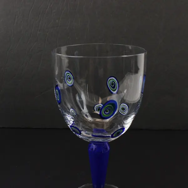3 Vintage Millefiori Handblown Wine Glasses Cobalt Blue Stems