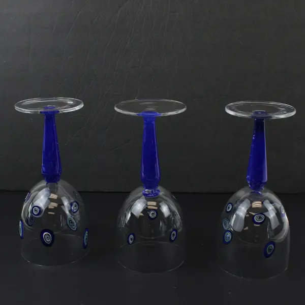 3 Vintage Millefiori Handblown Wine Glasses Cobalt Blue Stems