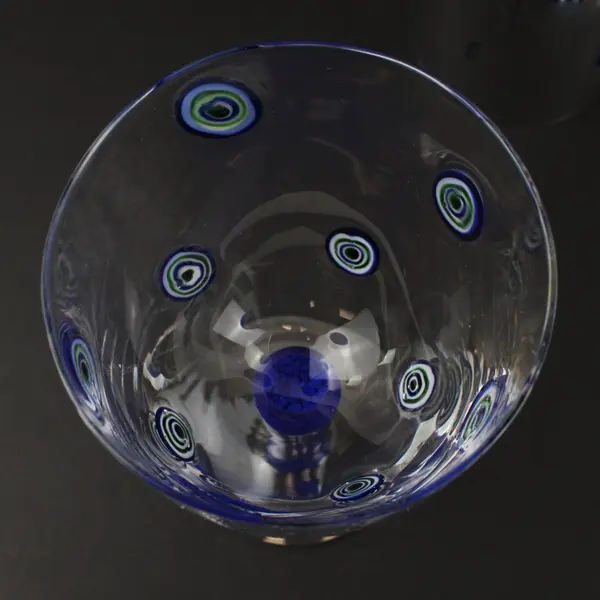 3 Vintage Millefiori Handblown Wine Glasses Cobalt Blue Stems