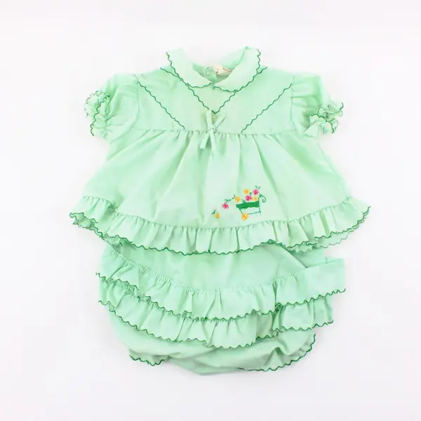 Vintage Green Floral Embroidered Baby Girls 18M 2-Piece Outfit 65/35 Poly Cotton