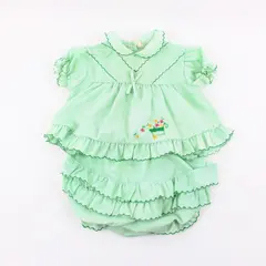 Vintage Green Floral Embroidered Baby Girls 18M 2-Piece Outfit 65/35 Poly Cotton