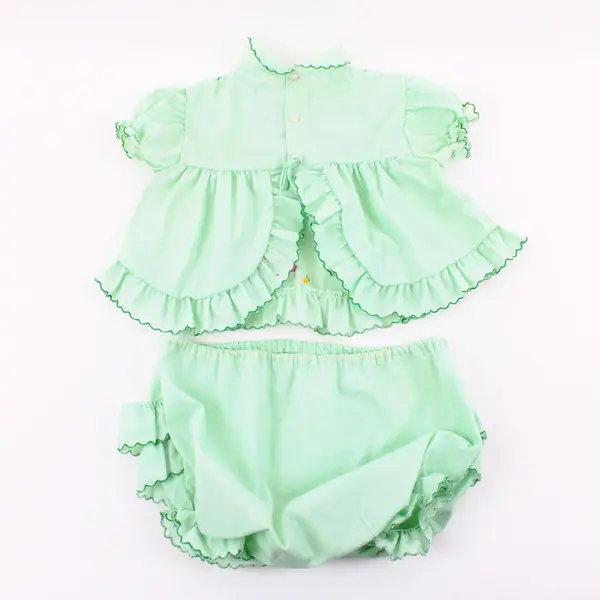 Vintage Green Floral Embroidered Baby Girls 18M 2-Piece Outfit 65/35 Poly Cotton
