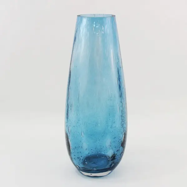 Heavy Hand Blown Bubbled Blue Glass Vase Made In China 15.25 "