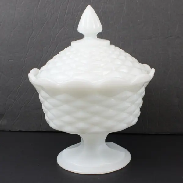 Vintage Milk Glass Covered Pedestal Candy Dish Textured Fitted Lid