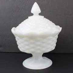 Vintage Milk Glass Covered Pedestal Candy Dish Textured Fitted Lid