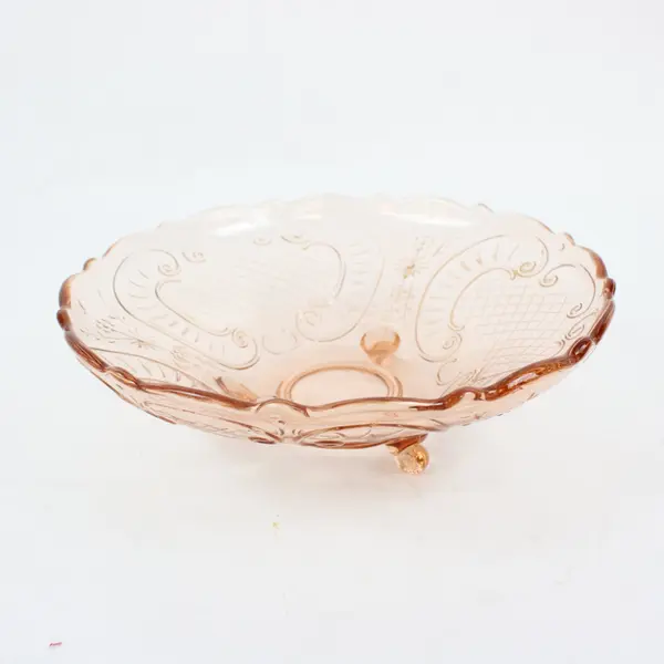 Vintage Pink Pressed Glass Footed Serving Bowl Scalloped Embossed Lattice