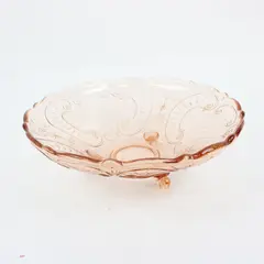 Vintage Pink Pressed Glass Footed Serving Bowl Scalloped Embossed Lattice