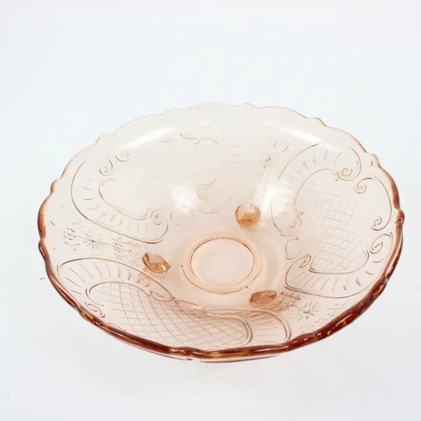 Vintage Pink Pressed Glass Footed Serving Bowl Scalloped Embossed Lattice