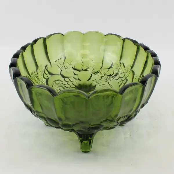 Vintage Indiana Green Pressed Glass Footed Oval Harvest Grape Bowl