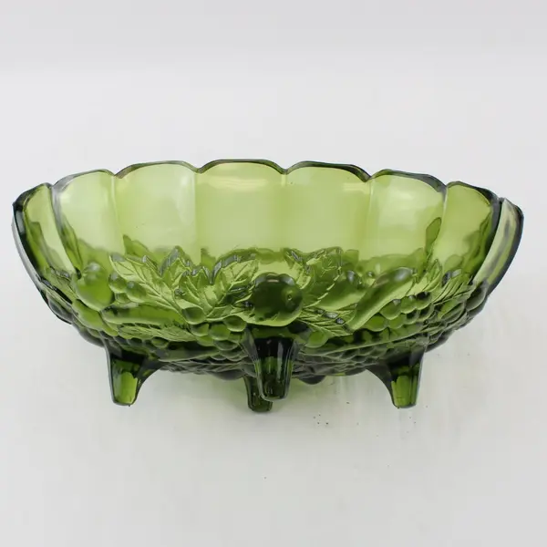 Vintage Indiana Green Pressed Glass Footed Oval Harvest Grape Bowl