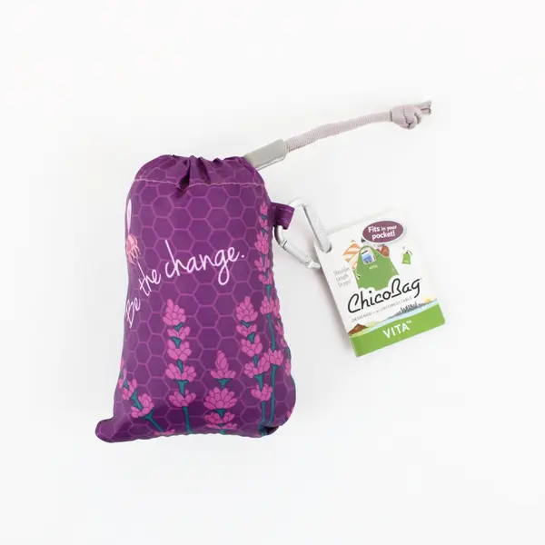 ChicoBag Vita Reusable Shopping Tote Bag Carabiner Clip Recycled Purple Bee 