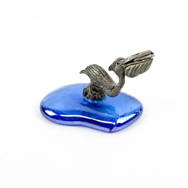 Pewter Pelican Figurine on Blue Acrylic Base Coastal Nautical Decor