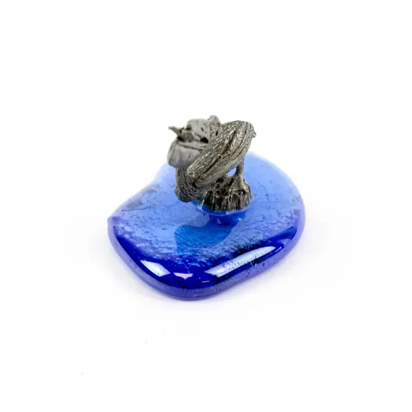 Pewter Pelican Figurine on Blue Acrylic Base Coastal Nautical Decor