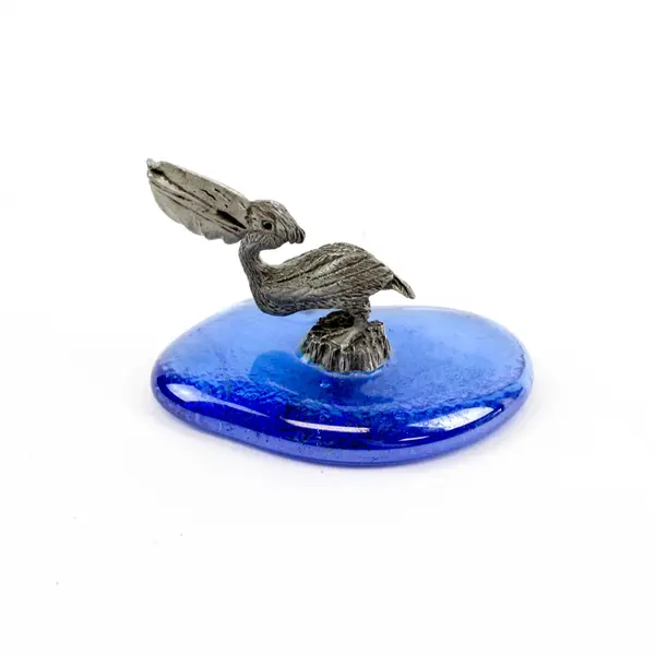 Pewter Pelican Figurine on Blue Acrylic Base Coastal Nautical Decor