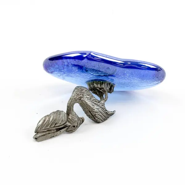 Pewter Pelican Figurine on Blue Acrylic Base Coastal Nautical Decor
